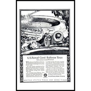 1924 US Rubber Royal Cord Balloon Tires Vintage Print Ad Football Stadium Art